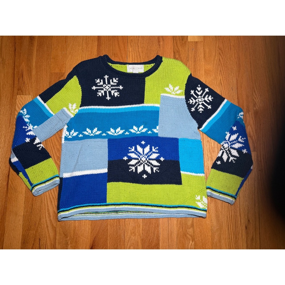 Casual Corner Vintage Patchwork Snowflake Knit Sweater Blue Green Small Pullover